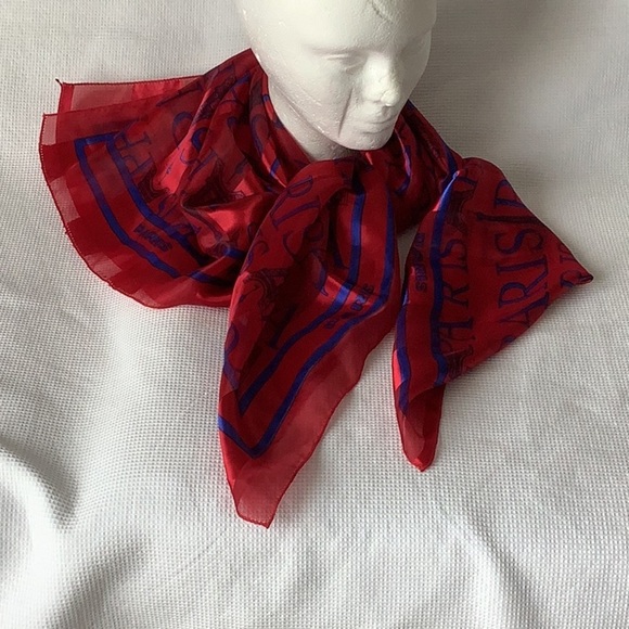 NWOT Paris Eiffel Tower Notre Dame Print Red Blue Square Scarf ~ Size 37x37” - Picture 1 of 3